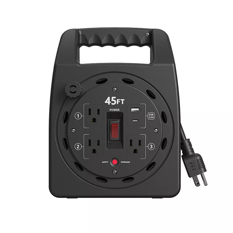 3 आउटलेटहरू Usb2.4a प्लास्टिक कर्ड रील 45ft ओभरलोड सुरक्षा संग 3 आउटलेटहरू Usb2.4a प्लास्टिक कर्ड रील 45ft ओभरलोड सुरक्षा संग