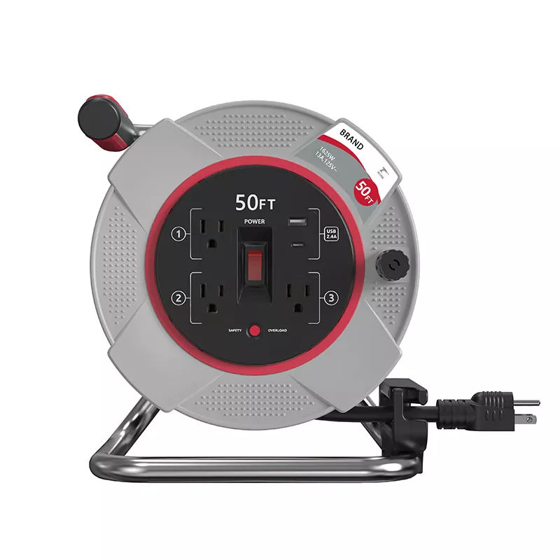 ओभरलोड संरक्षणको साथ 3 आउटलेटहरू Usb2.4a प्लास्टिक कर्ड रील 50ft ओभरलोड संरक्षणको साथ 3 आउटलेटहरू Usb2.4a प्लास्टिक कर्ड रील 50ft